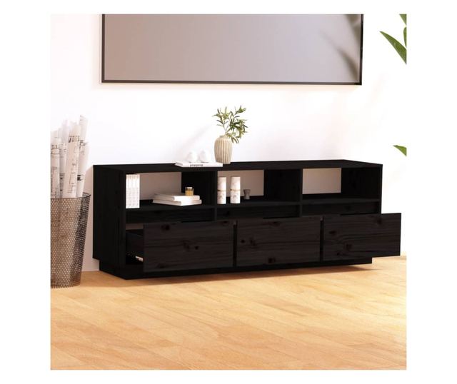 TV komoda, crna, 140x37x50 cm, masivno borovo drvo