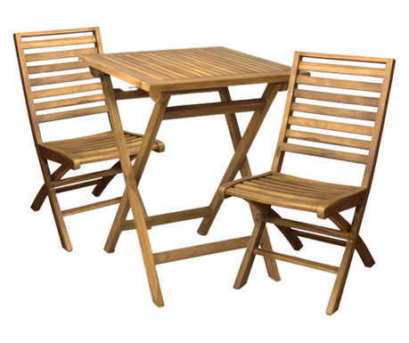 RAKI Set balcon din lemn masiv de tec cu finisaj natural, masa plianta patrata 60x60xh75cm cu 2 scaune pliante 62x46xh93cm