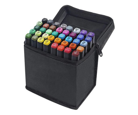 Set 40 markere duble, cu 2 capete subtire si gros, cu geanta de depozitare, multicolore
