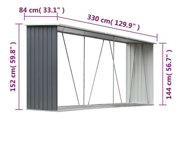 VidaXL Vrtna ostava za drva od pocinčanog čelika 330x84x152 cm siva