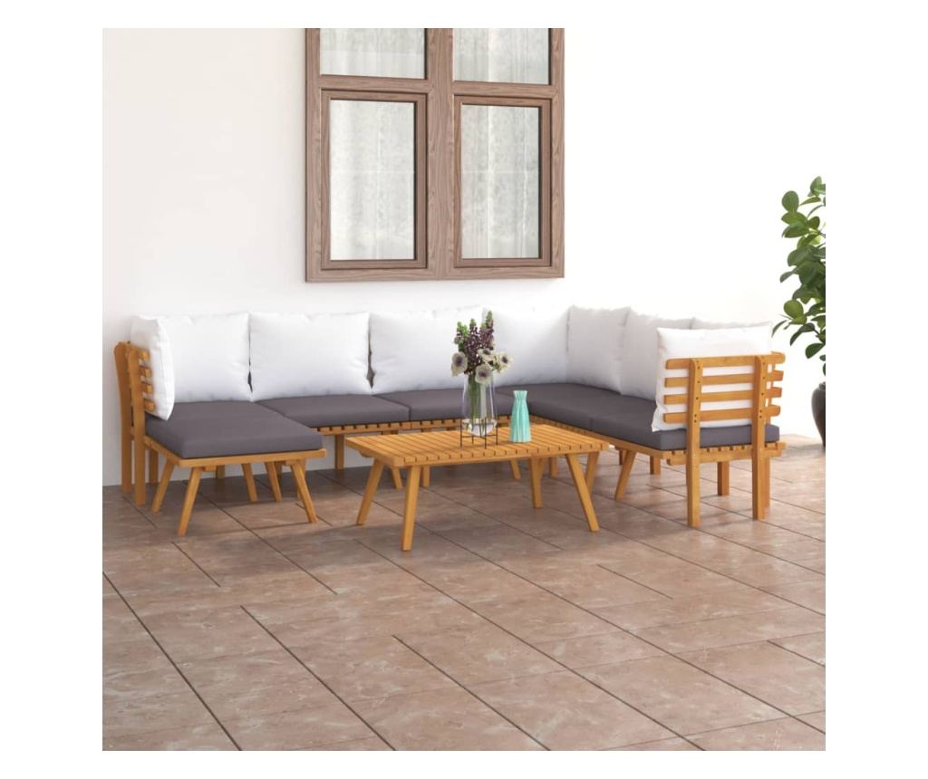 Градински лаундж комплект с възглавници, 8 части, акация масив - 2