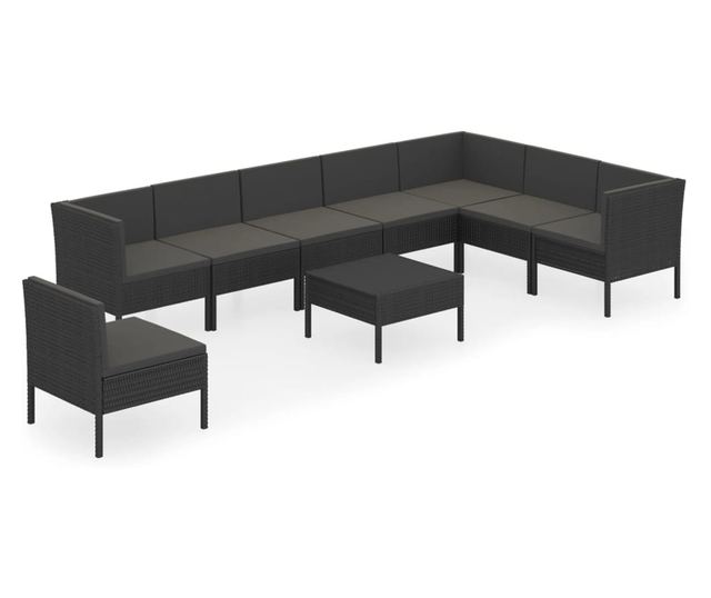 Vrtni namještaj s jastucima, 9 dijelova, crni, poliratan