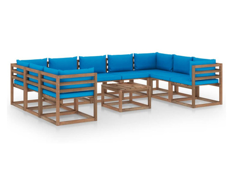 Set mobilier de grădină, 10 piese, cu perne albastru deschis