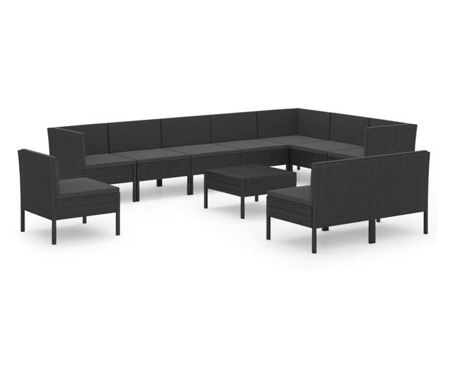 Vrtni set namještaja s jastucima, 11 dijelova, crni, poliratan