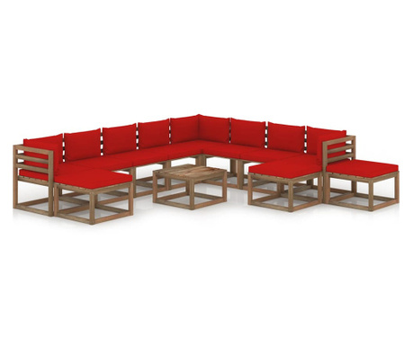 Set mobilier de grădină cu perne roșii, 12 piese
