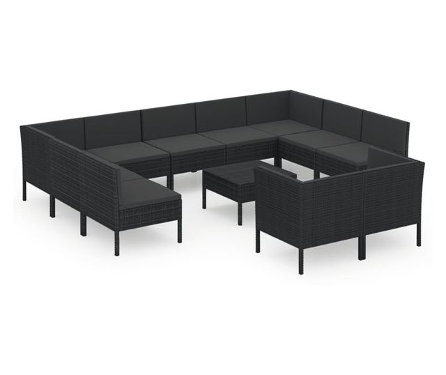 Vrtni namještaj s jastucima, 12 dijelova, crna boja, poliratan