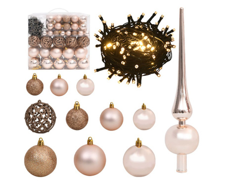 120-dijelni set božićnih kuglica s vrhom 300 LED rozo zlato