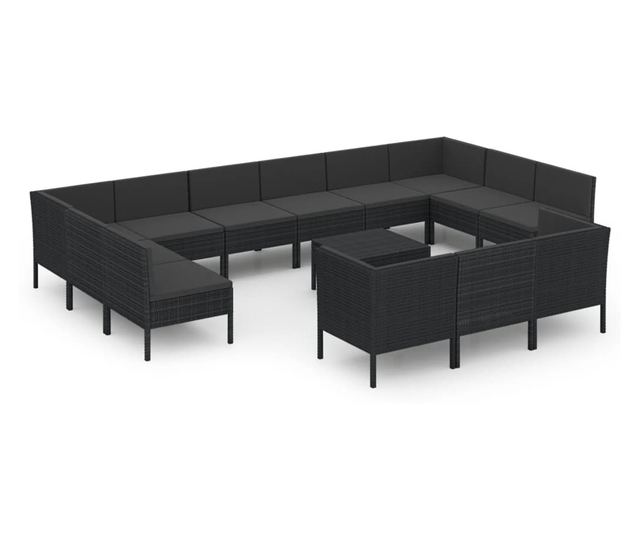 Vrtni namještaj s jastucima, 14 dijelova, crni, poliratan