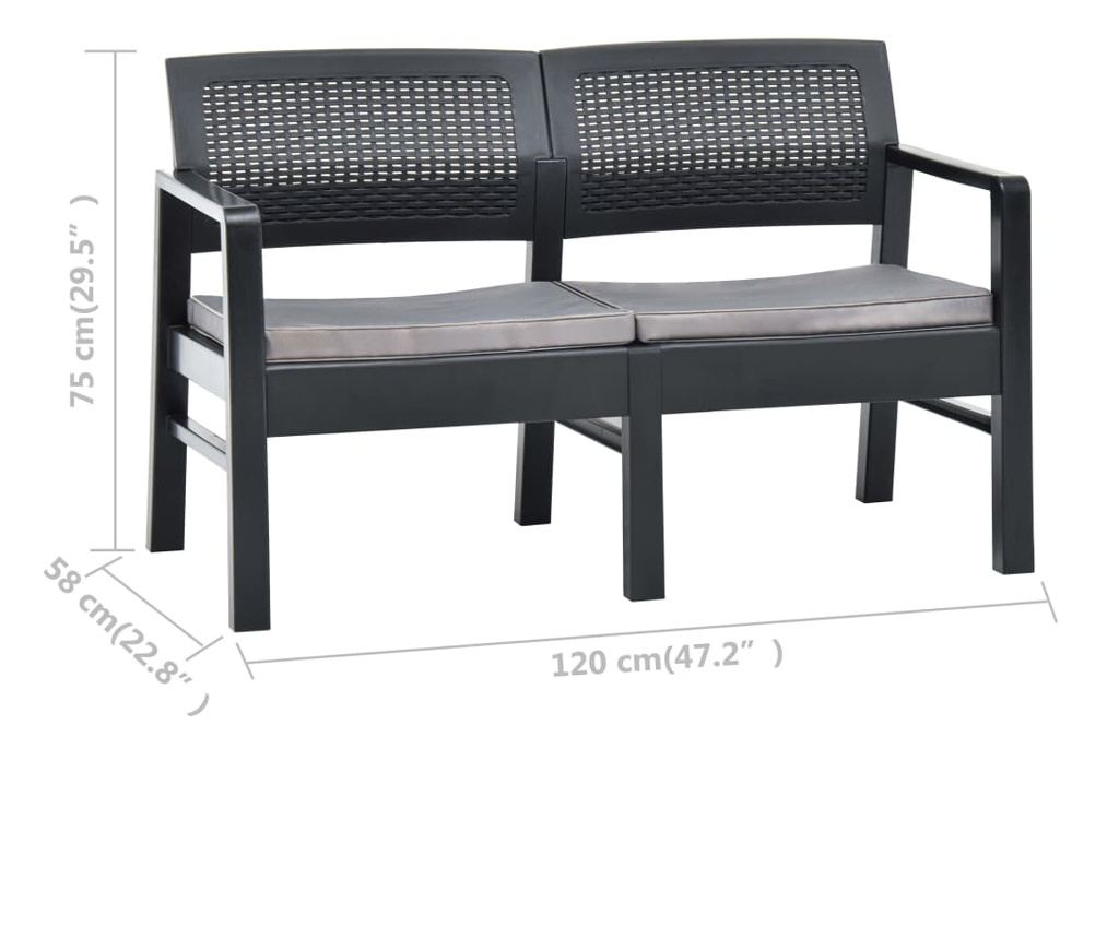 Vrtna klupa s 2 sjedala s jastucima, antracit, 120 cm, plastika - 6