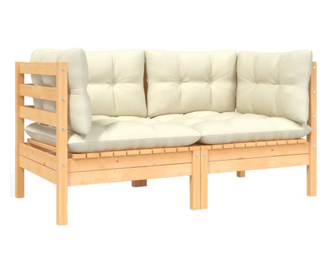 Canapea de gradina cu 2 locuri, cu perne crem, lemn masiv pin