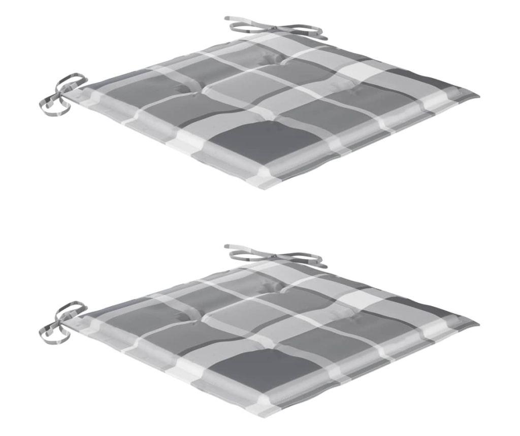 Scaune grădină, perne gri model carouri, 2 buc, lemn masiv tec - 6