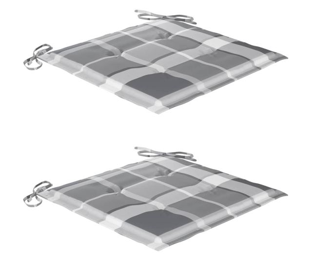 Градински столове, сиви карирани възглавници, 2 бр., масивна тикова дървесина
