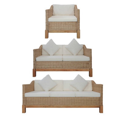 Комплект дивани с възглавници, 3 части, естествен ратан