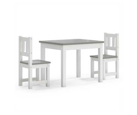 Детски комплект от 3 части маса и столове бяло и сиво МДФ