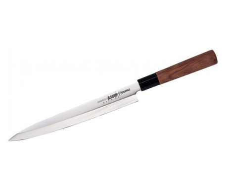 Нож за рязане Samura Okinawa Yanagiba, Японска стомана, HRC 59, 24 см, Неръждаема стомана/ Дърво, Сребрист/Кафяв
