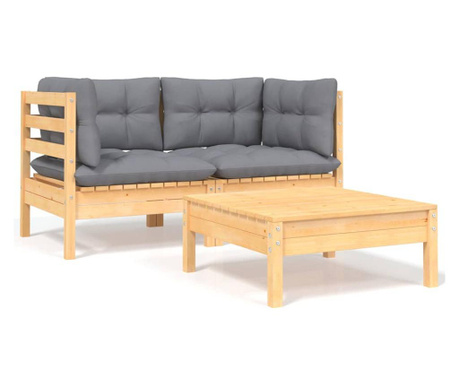 Set mobilier de gradina cu perne gri, 3 piese, lemn masiv pin