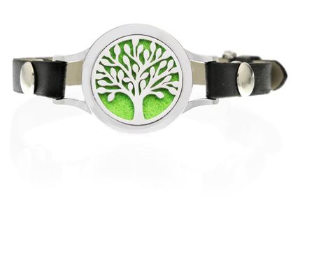 Neo™ aromaterápiás karkötő WJ426, Tree Of Life Green Leaves, környezetbarát, cinkötvözet és öko-bőr, zöld levelek