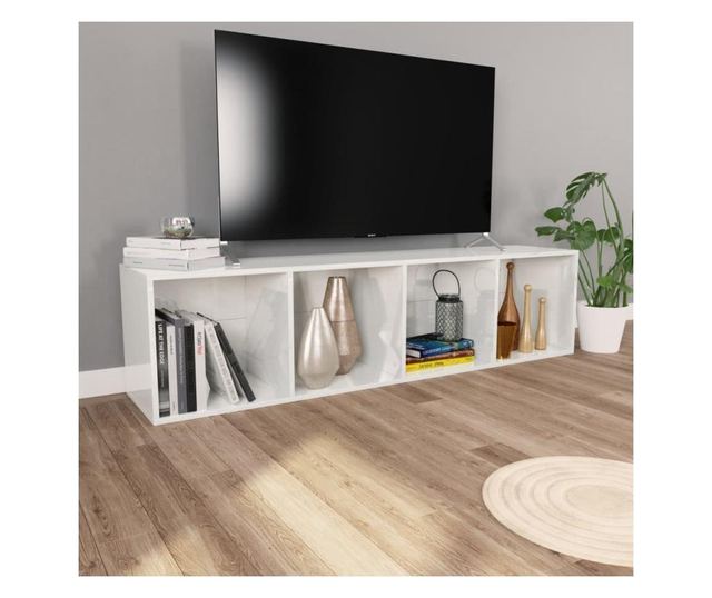 magasfényű fehér forgácslap könyv-/TV-szekrény 36 x 30 x 143 cm
