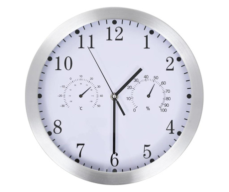 Стенен часовник с кварц, хигрометър и термометър, 30 см, бял