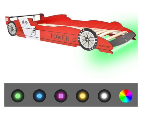 Pat pentru copii mașină de curse, cu LED, 90 x 200 cm, roșu