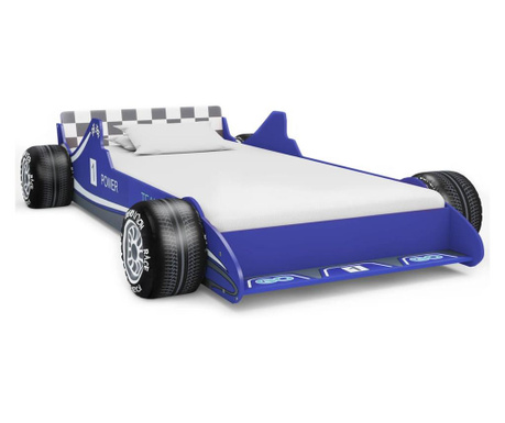 Pat pentru copii mașină de curse, albastru, 90 x 200 cm