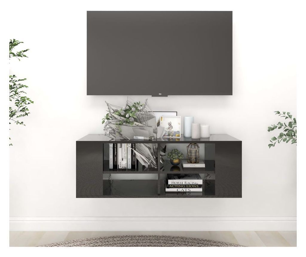 Fali TV-szekrny, extrafnyes fekete, 102x35x35 cm, laminlt fa