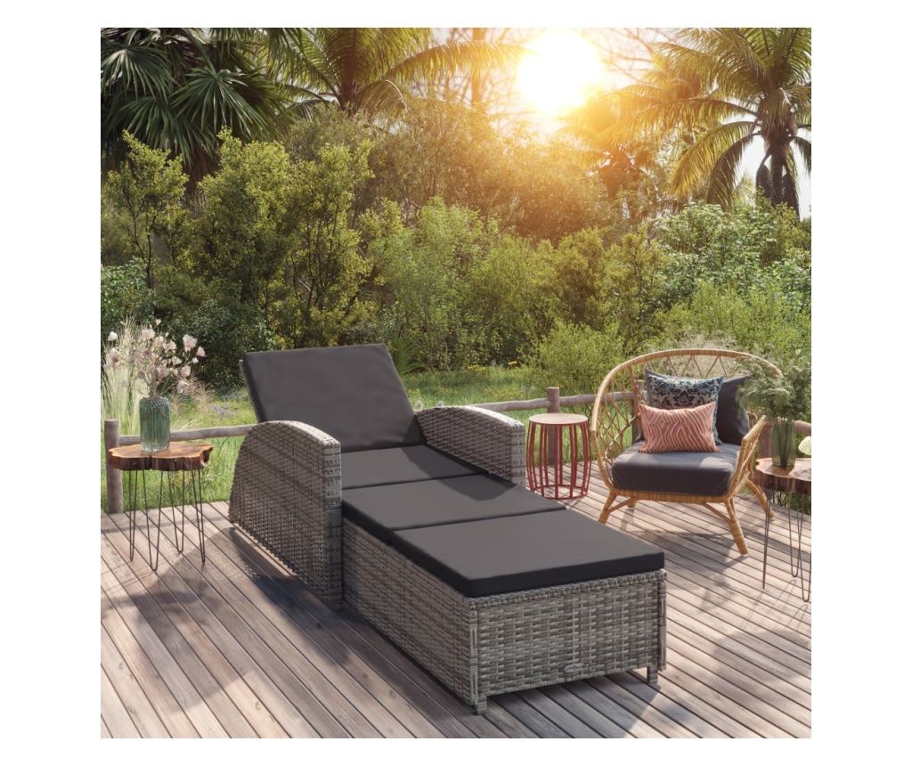 Ležaljka za sunčanje s tamnosivim jastukom, siva, poli ratan