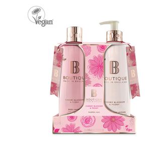 Комплект дуо за тяло BOUTIQUE Череша и Божур 2x500мл, веган - душ гел, лосион за тяло и ръце