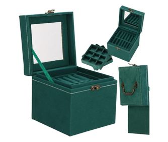 (DL) Кутия за съхранение и органайзер за бижута, Велур, 12x12x12 см, Зелена