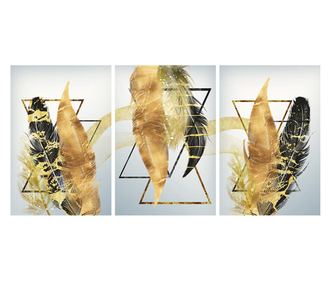Set 3 Slike, Black And Gold Feathears, 70x150cm