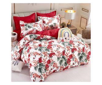 Dupla ágynemű, finom pamut, 6 részes, franciaágy, piros fehér, virágos, FNJ-342