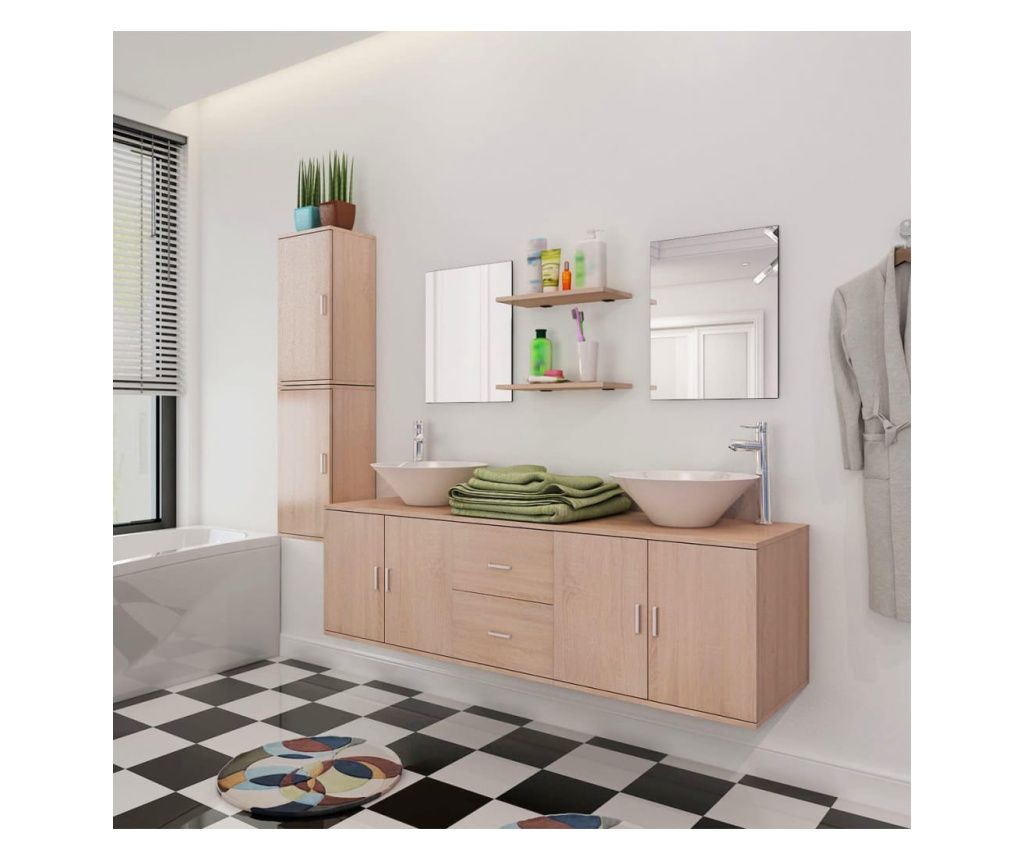 Set kopalniškega pohištva, sestavljen iz 9 delov, vključno s umivalniki, bež.