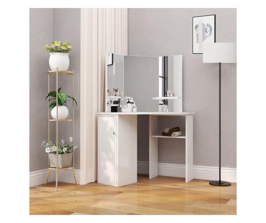 Kotni toaletni miz, miza za ličenje in kozmetiko, bela