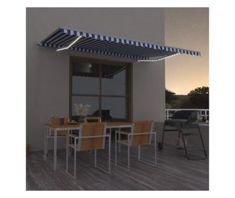 Ръчно прибиращ се сенник с LED, син и бял, 500x350 см
