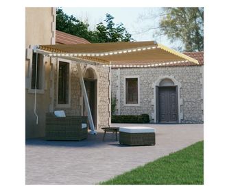 Сгъваема ръчна тента с LED, жълта и бяла, 450x300 см