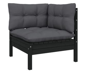 Градински ъглов диван с възглавници, черен, масивен бор