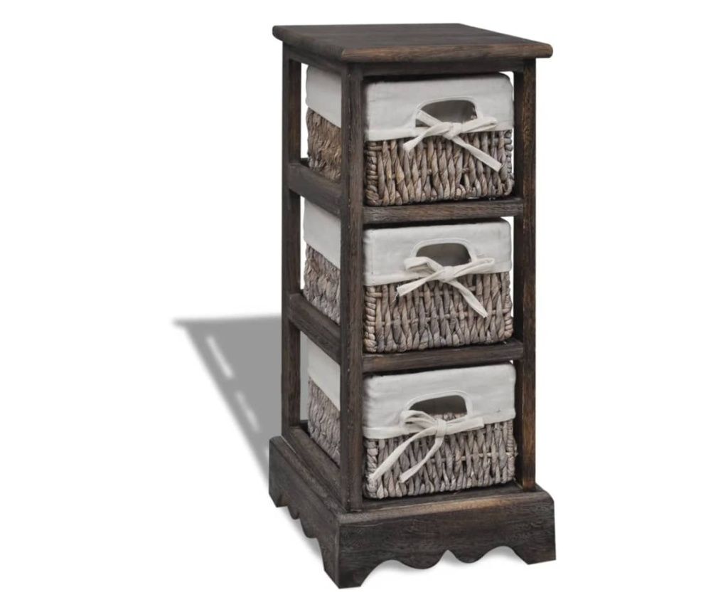 Tárolószekrény fából, 3 fonott kosárral, barna