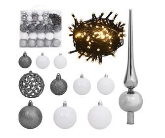 Karácsonyfadísz szett világítással és 300 LED-del, 120 db, fehér és szürke