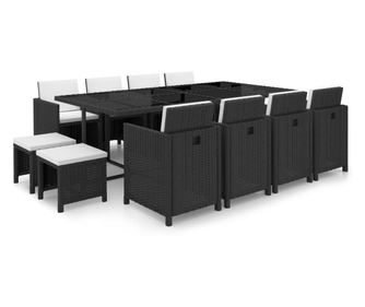 Градински комплект с възглавници, 13 части, черен полиратан