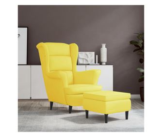 Fotelj z naslonjalom v obliki krila in taburejem, gorčično rumen, žamet