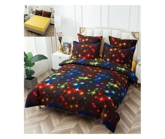 Finom ágyneműgarnitúra, ágynemű gumival, 6 részes, franciaágy, színes csillagok, FNPE-30