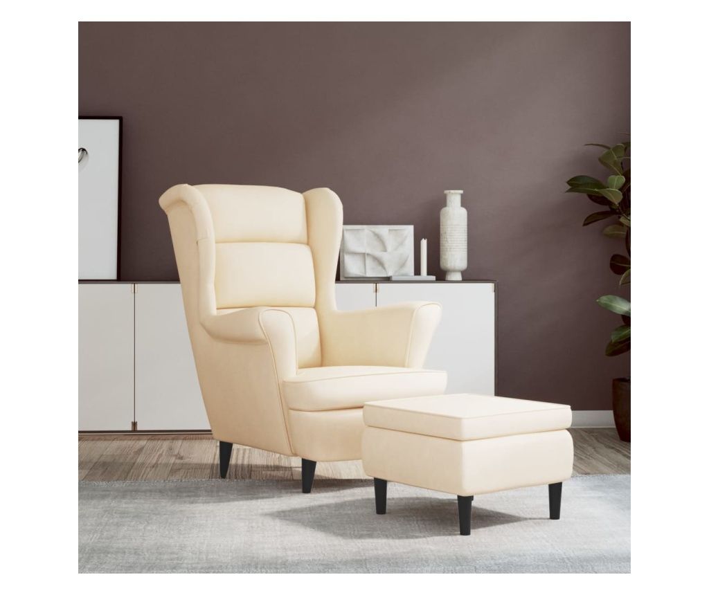 Wingback Armchair with Footstool, Cream, Velvet
