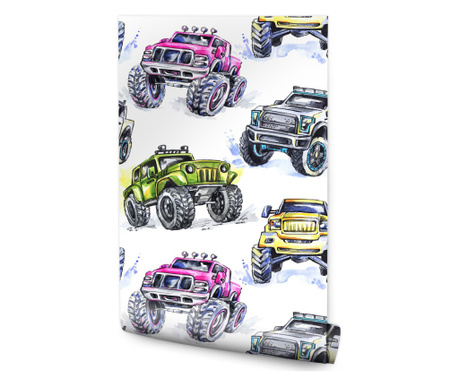 Tapéta Gyerek színes autók akvarellekkel festett Monster Truck 0,53x10m