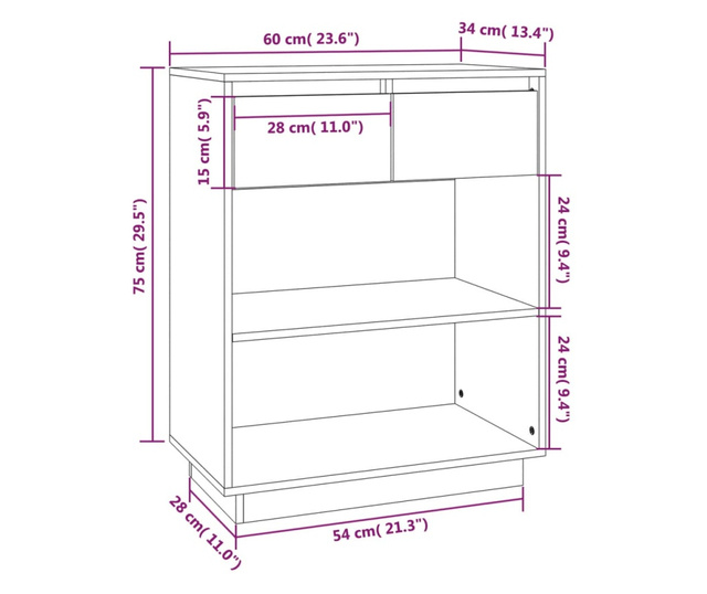Dulap consolă, negru, 60x34x75 cm, lemn masiv de pin