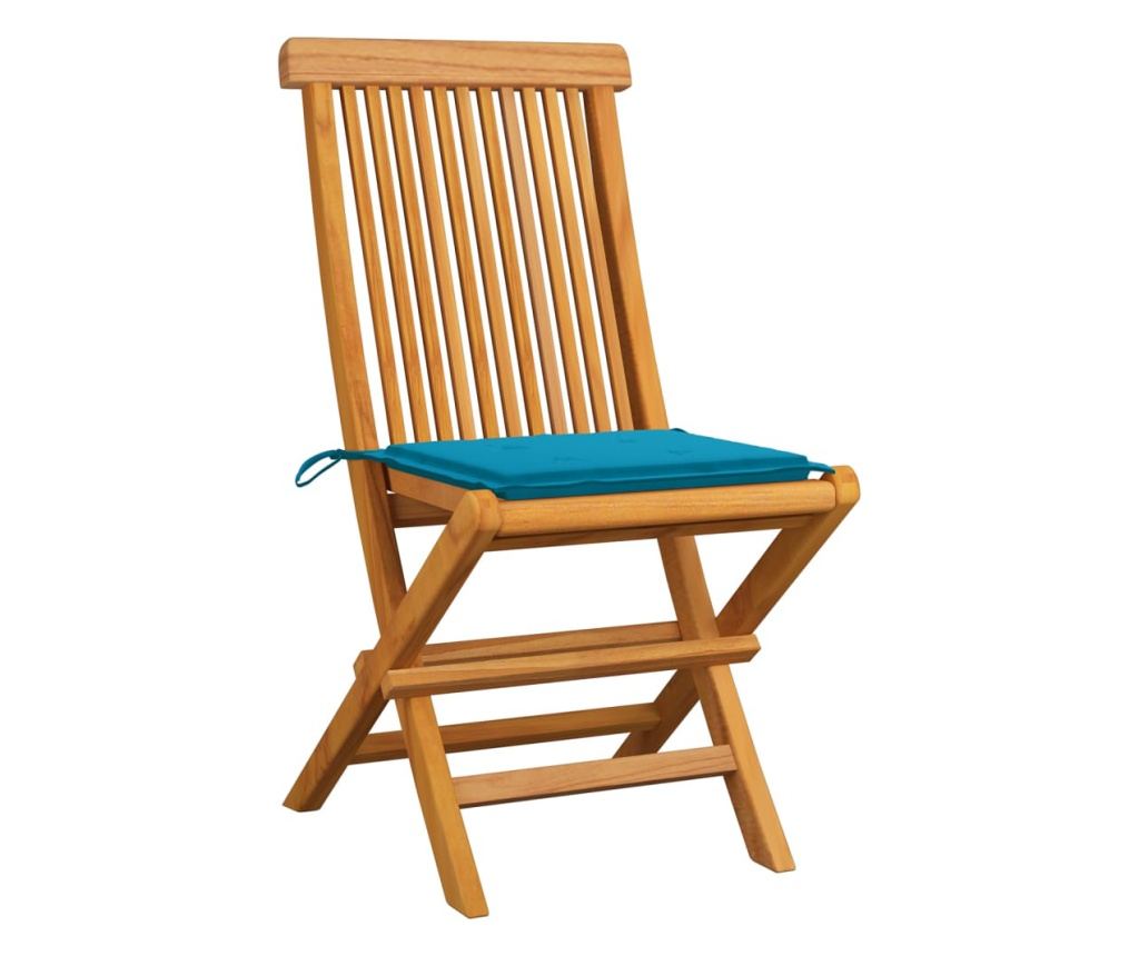 Градински столове със сини възглавници, 4 бр., Масивно дърво тиково дърво - 2
