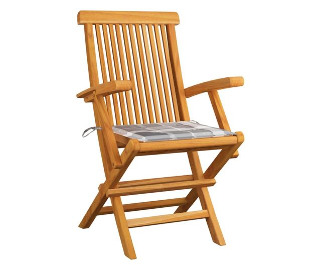 Градински столове, сиви карирани възглавници, 4 бр., Масивно дърво тиково дърво