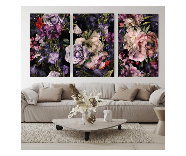 Multivászon nyomtatás 3 db, Abstract Purple Flowers, 30x60cm