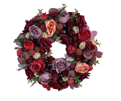 Coronita decorativa cu flori artificiale, handmade, grena, mov, 35 cm