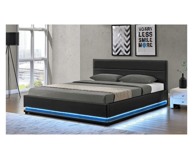 Pat matrimonial cu iluminare LED, negru, 160x200, BIRGET NEW - Vivre