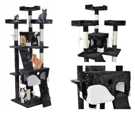 Ansamblu de joaca pentru pisici, cu 2 casute, Plus, 170 cm, Negru
